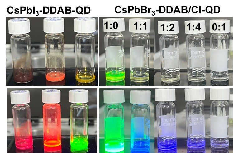 A row of vials holding quantum dot solutions emitting red through blue under ultraviolet light