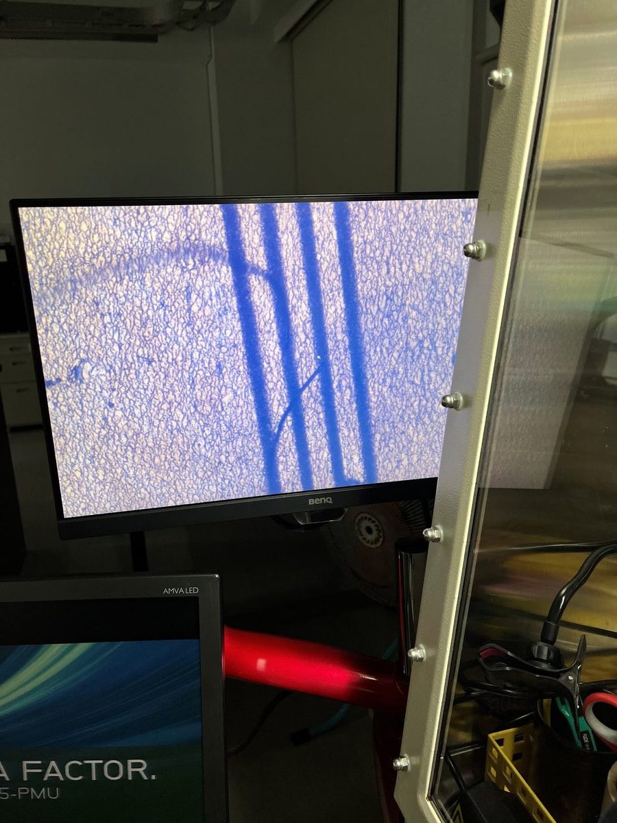 Large-area electrospun film hanging in a fume hood