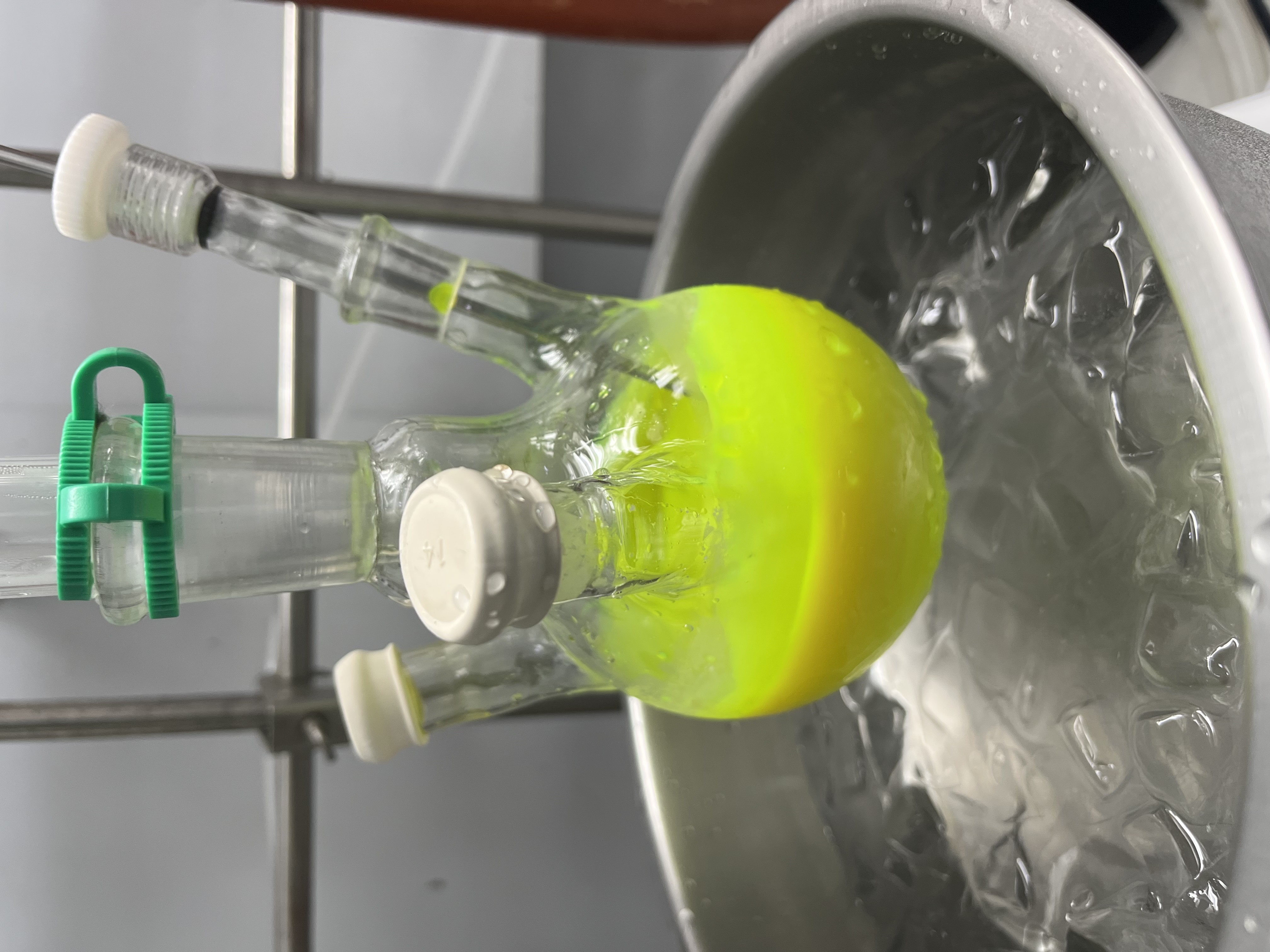 Perovskite quantum dot synthesis in a round-bottom flask with ice bath